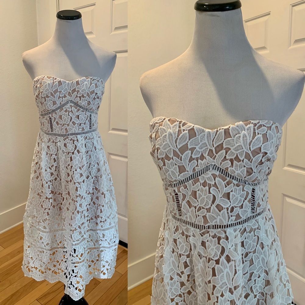 Lulus off white crochet lace bridal shower wedding dress midi L strapless